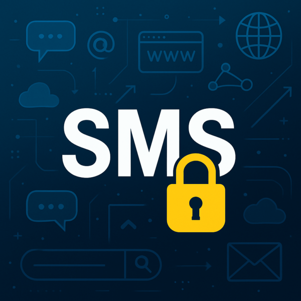 biały napis SMS z żółtą ikoną kłódki, całość na ciemnoniebieskim tle z ikonami internetowymi